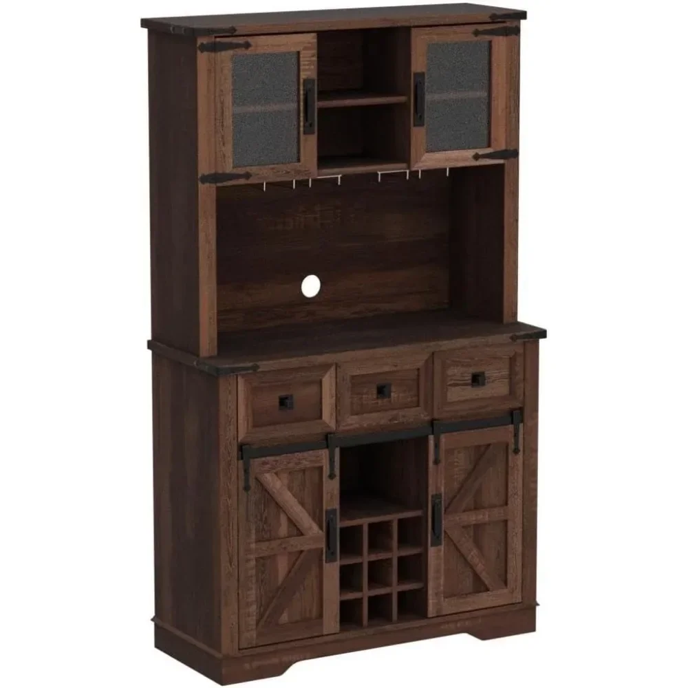 Large Kitchen Buffet with Hutch w/Wine & Glasses Rack, 3 Drawers, 12 Storage Shelves, Rustic Coffee Bar Sideboard Table. image 5