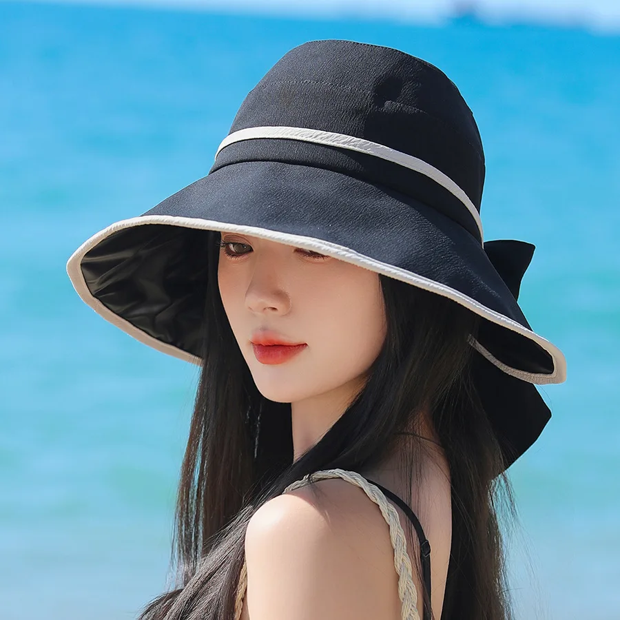 

COKK Summer Hats For Women Wide Brim Fisherman Cap With Bow Sun Hat Sunshade Simple Casual Outdoor Foldable Sunhat New 2024