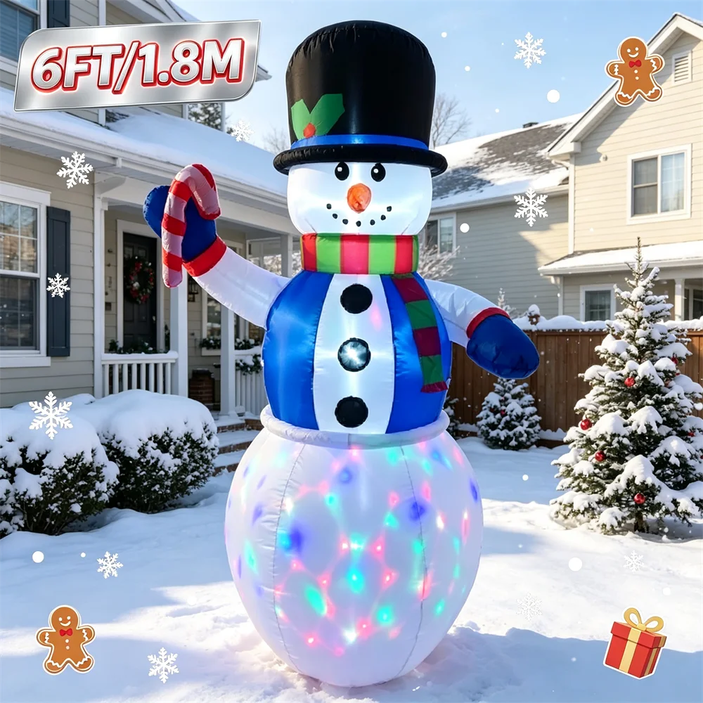 6 FT Light Up Christmas Inflatable Model Snowman Decor Colorful LED Projector Yard Ornament Festive Outdoor Garden Night Display
