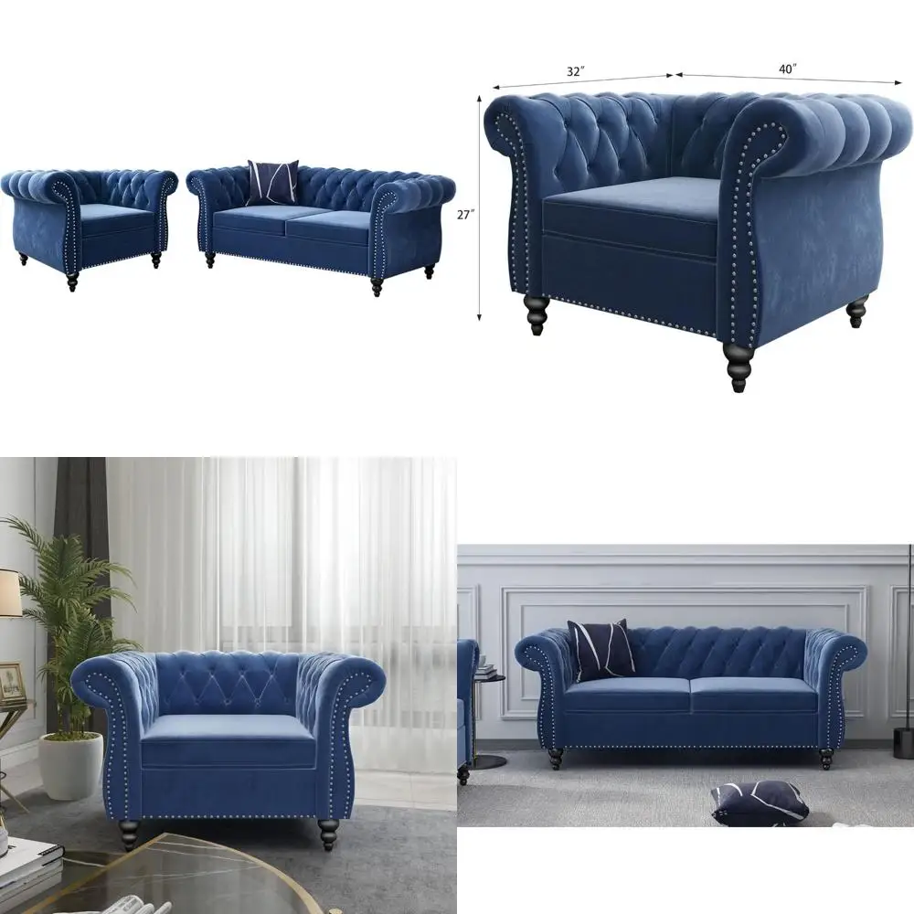 

velvet chesterfield sofa and loveseat set with scroll arms and nailhead trim for living room and office