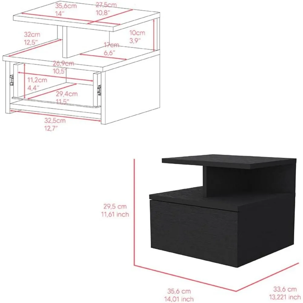 Mesita de noche flotante Fllık, un cajón -Negro -Dormitorio