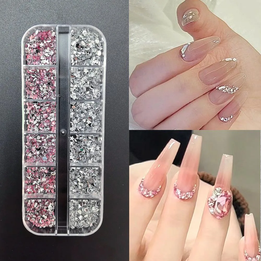 12 siatek mieszany kształt Flatback 3D Mini Nail Art dżetów złoty/srebrny/biały diamentowy klejnot do paznokci Charms błyszczące dekoracje do Manicure