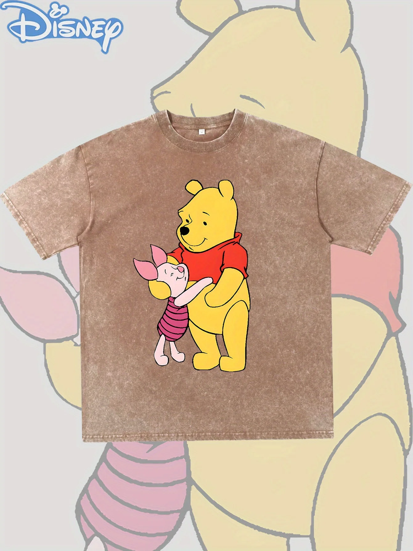 

Disney Piglet hugs Winnie the Pooh pattern print, boutique 230g washed distressed batik thickened cotton T-shirt