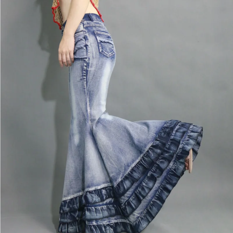 Imagem -05 - Saia Feminina de Cauda de Peixe Grande Cintura Alta Costura de Babados Saia Jeans Longa Quadril Emagrecedor Moda Primavera e Verão 2023