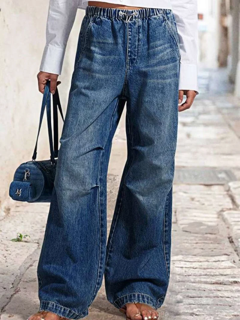 

Уличная одежда Джинсовые мешковатые брюки Осенняя одежда Женские прямые джинсы с эластичной резинкой на талии Модные базовые джинсовые брюки Винтажные джинсовые брюки