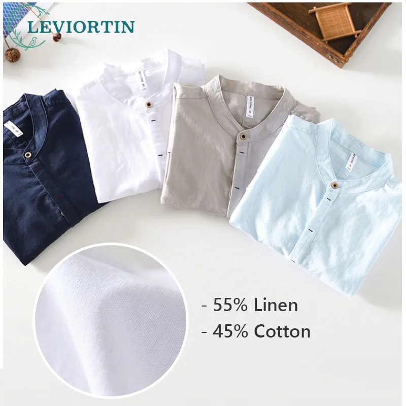 Casual Cotton Linen Shirt Men Spring Fashion Stand Collar Long Sleeve Japan Style Plain Blouse Breathable Daily Tops M-4XL