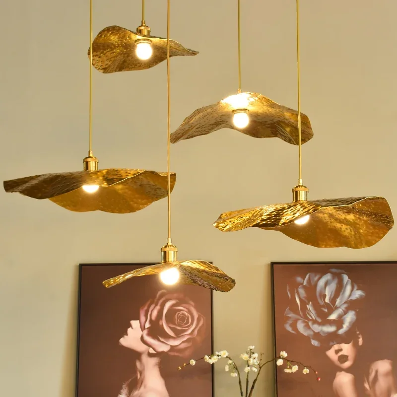 

Lotus Simple Creative Personality Copper Lamp Leaf Chandelier Cafe Lighting Bedroom Living Room Bar Counter Suspension Light