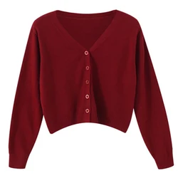 Women's Long Sleeve Cropped Cardigan V Neck Button Down Knit Lady Autumn Winter Knit Single-breasted Cardigan Sweaters