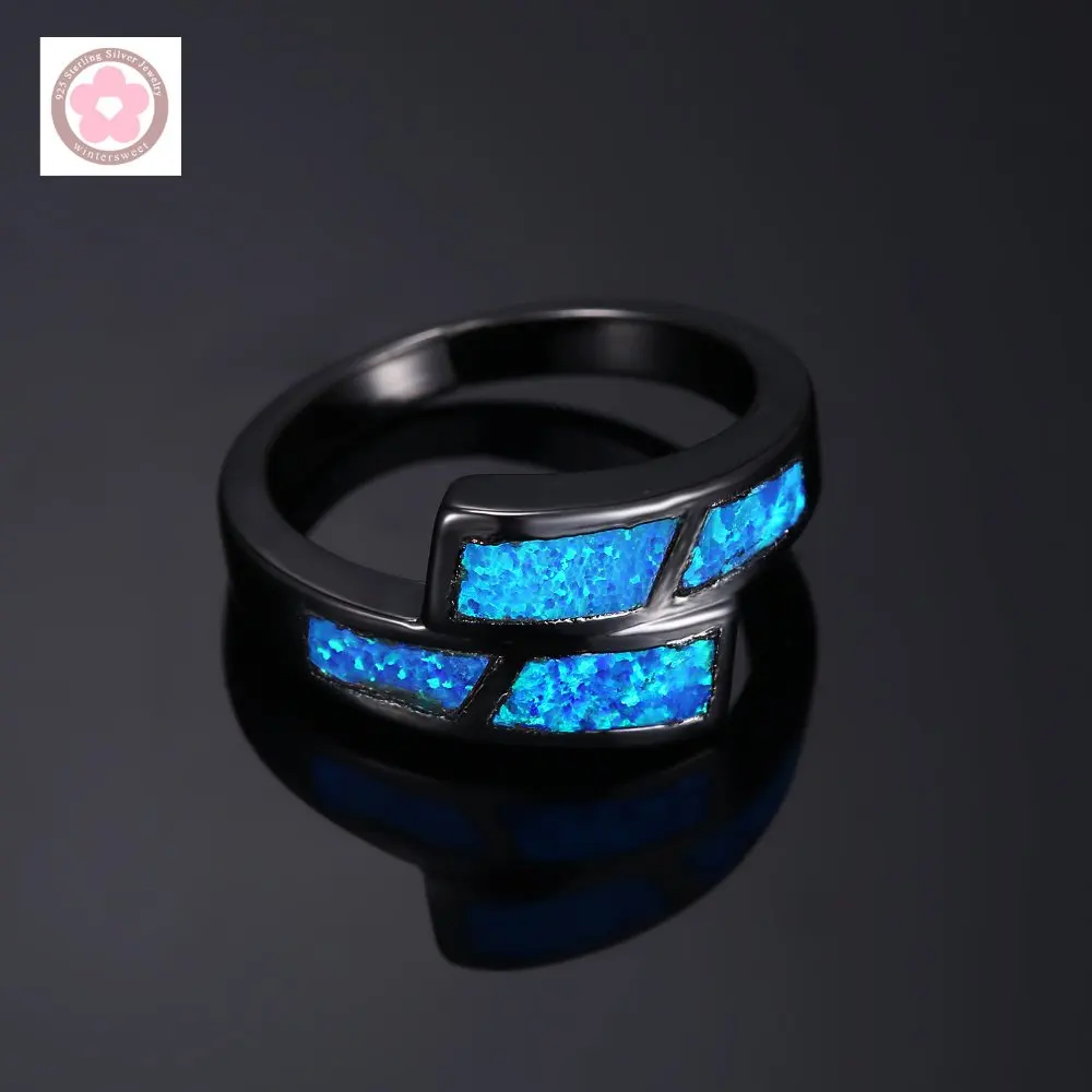 JieLing Blue Opal Black Rhodium Plated Copper Bracelet Elegant Adjustable Jewelry Gift for Women Dainty Boho Chic Party Wedding