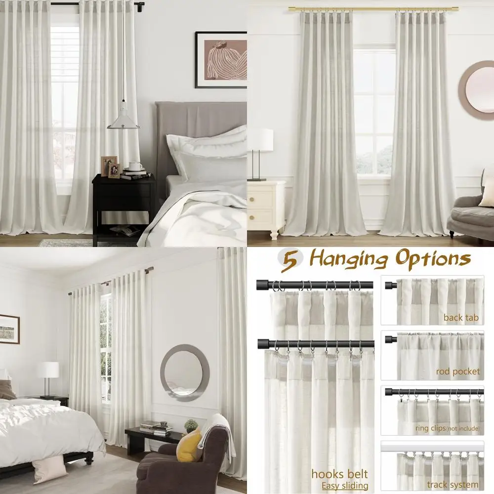 Cortinas transparentes de lino beige con filtrado de luz, 96 de largo, estilo bohemio neutro, juego de 2 paneles para decoración del hogar