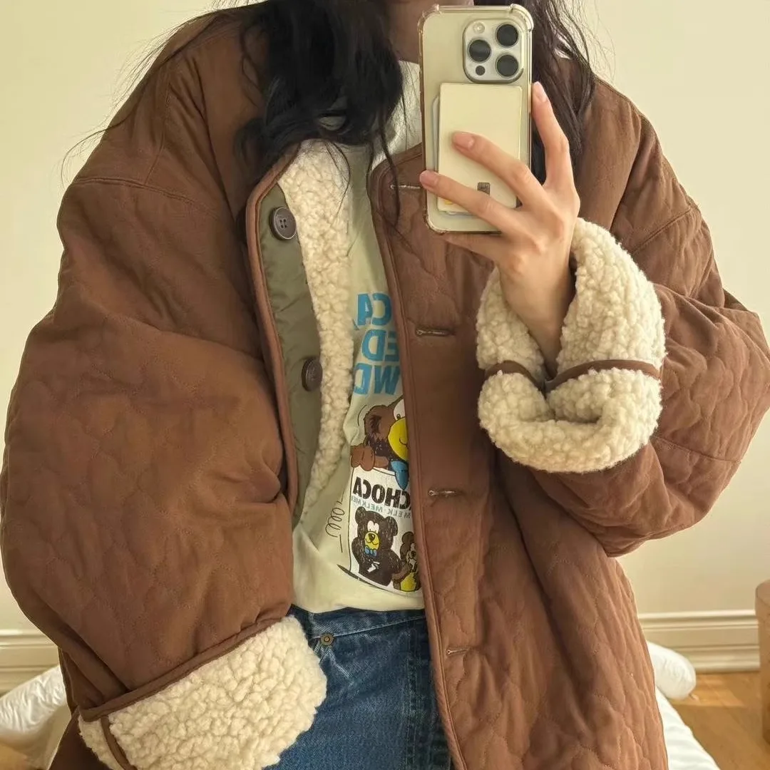 Pelliccia di agnello Jaet Donna Inverno Thiened Cotton Splice Design Sense Cappotto di cotone Capispalla rotondo Ne Loose Fit Lunghezza regolare