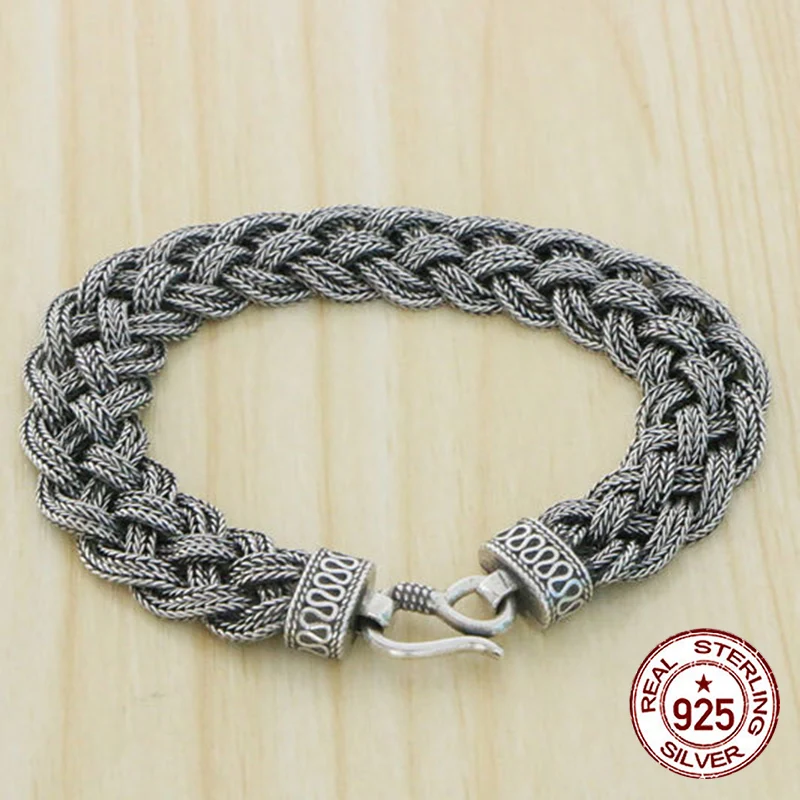 S925 Sterling Silver Bracelet Handmade Wide Flat Bracelet Couple Aggressive Rough Vintage Woven Fried Dough Twists Creative