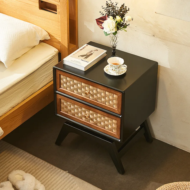 m Solid wood bedside table Modern simple bedroom storage locker Rattan small apartment household mini small shelf m