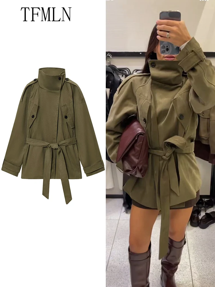 

Элегантные женские шикарные плащи с поясом, осень-зима 2024, свободные повседневные куртки с воротником-стойкой, модная уличная верхняя одежда с карманами