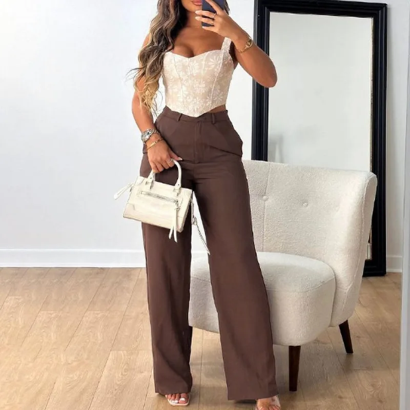 

Women's Solid Color Button Style Straight Leg Pants Fashionable and Versatile Casual Pants, Summer 2025