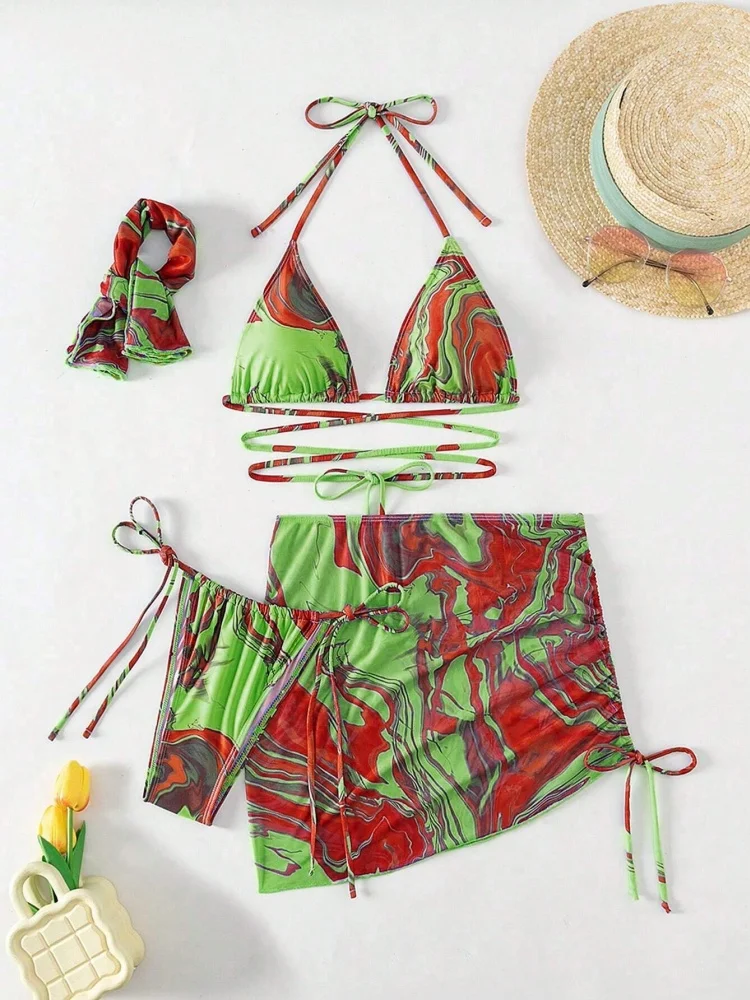 Costume da bagno donna bikini 2025 Nuova stampa Halter Design Bikini Set Costumi da bagno sexy Estate Set quattro pezzi Costume da bagno beachwear Donna