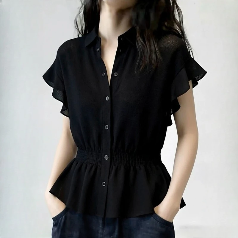 

Vintage Women's Blouses Solid Casual Shirts Fashion Loose Spring/summer Ruffle Korean Clothing Sleeveless Women Tops