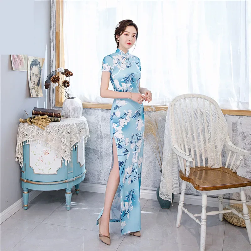 

2022 Elegant Women Cheongsam Chinese Traditional Slim Dress Wedding Costume Long Dresses Sexy Qipao Multi Color