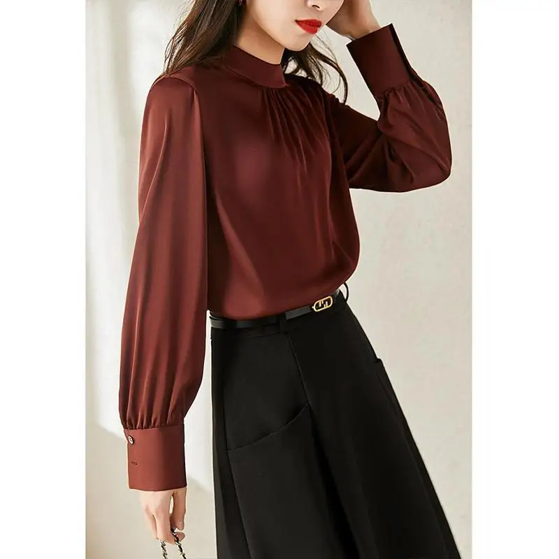 Women Satin Ruffled Lace Up Bow Vintage Elegant Blouse Korean Fashion Business Casual Office Lady Shirt Solid Long Sleeve Blusas