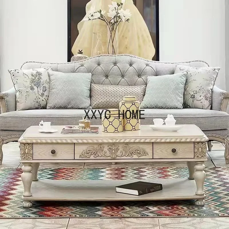 

American-Style Solid Wood Coffee Table Retro Double Drawer Tea Table European-Style Carved Rectangular Living Room