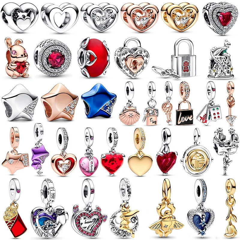 

925 Sterling Silver Two-tone Key Padlock Heart Triple Star Beads Fit Original Dangle Charm Bracelet Women DIY Jewelry