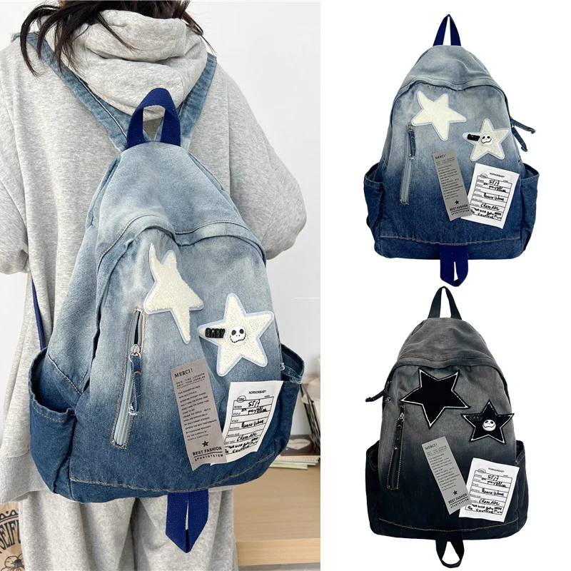 

Y2K Women's Washed Canvas Backpack Girls Gothic Punk Lolita Gradient School Bags College Students Denim Large Capacity Totes