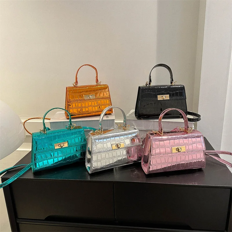 2023 Summer New Korean Fashion Bright Face Crocodile Pattern Portable Small Square Handbag Women\'s One Shoulder Crossbody Bag