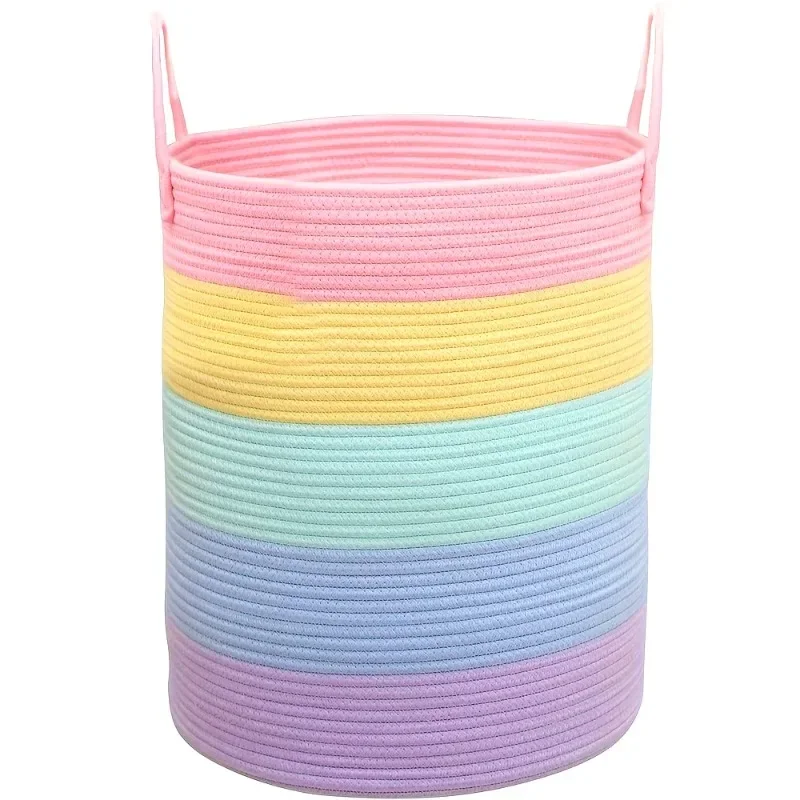 Large Rainbow Striped Storage Basket with Handles - Cotton Rope Woven Toy Organizer for Kids Room Nursery Basket Box