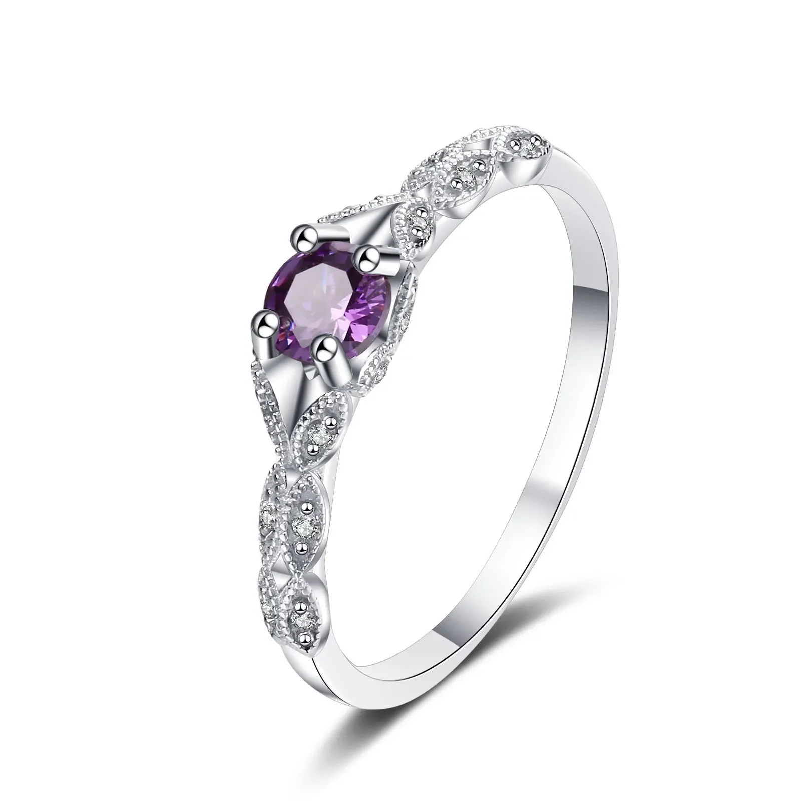 Sterling Silver European and American Simple Light Luxury Style Amethyst Rose Gold Zirconia Women's Ring Turkish Rings