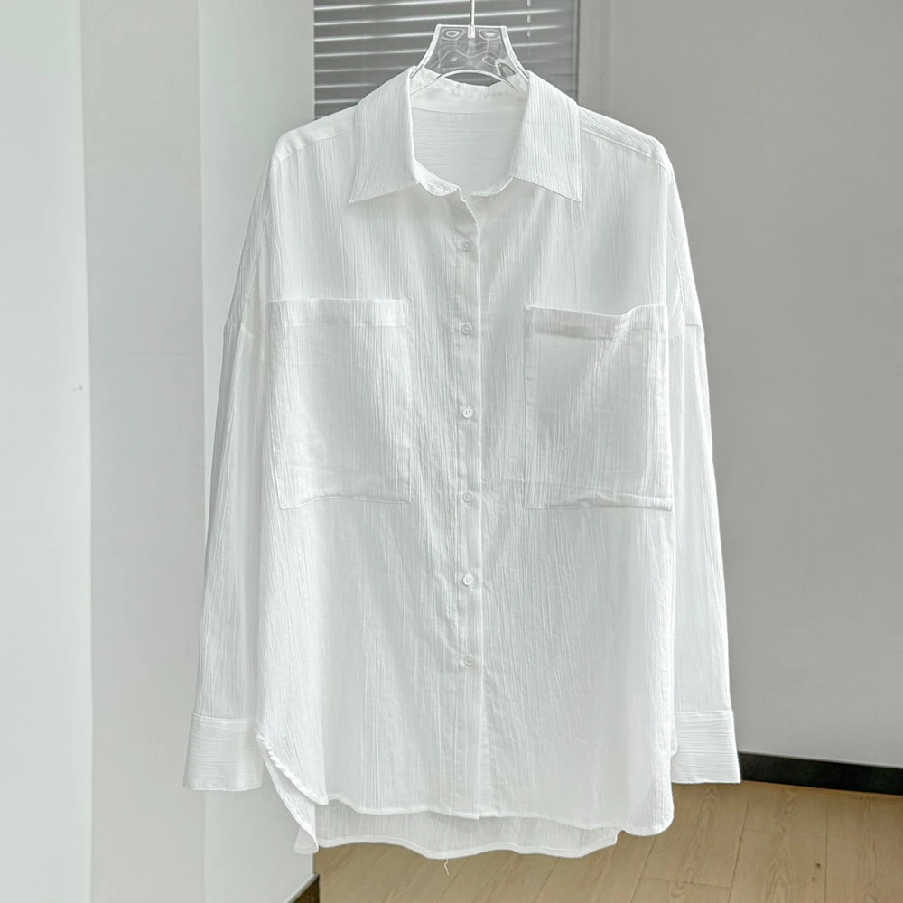 

100% Cotton White Shirt for Women Oversized Long Sleeve Button Down Blouse Casual Loose Textured Top with Pockets New 2026 Y2K