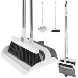 Broom and Dustpan Set with Adjustable Handle Space Saving Standing Dustpan and Broom with Double Scraper Teeth Broom Combo Set