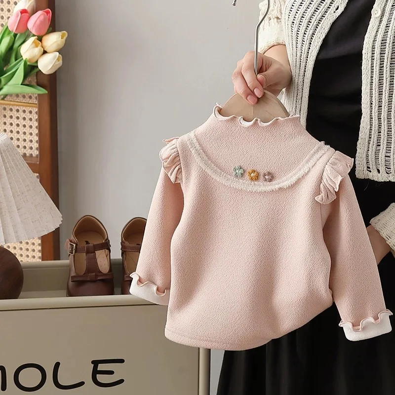 Shirts Fleece-lined Baby Girls Autumn Winter New Thickened Three Small Flowers in Bottom Shirt Warm T-shirt