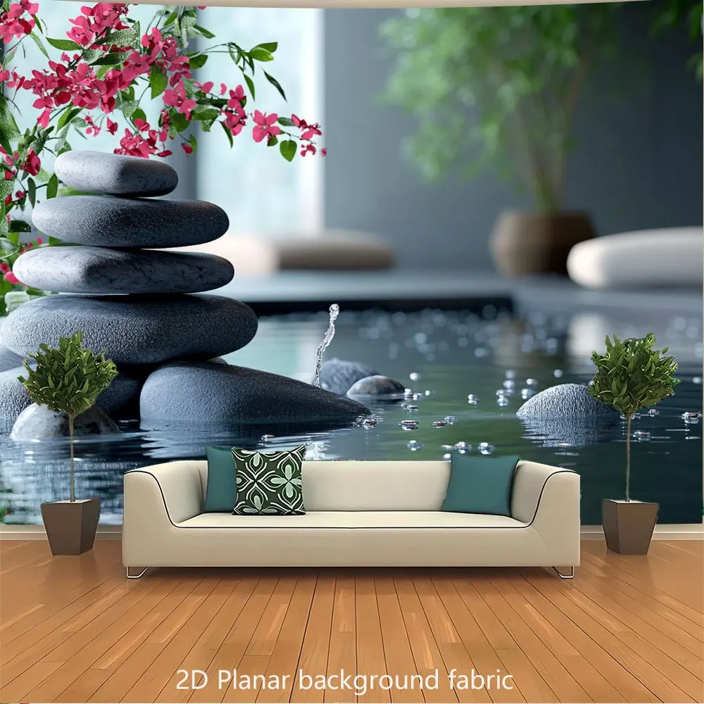 Zen Stone Stack Water Pond 2D Planar Fabric Tapestry Calm Spa Background for Living Room Yoga Studio Meditation Space Decor