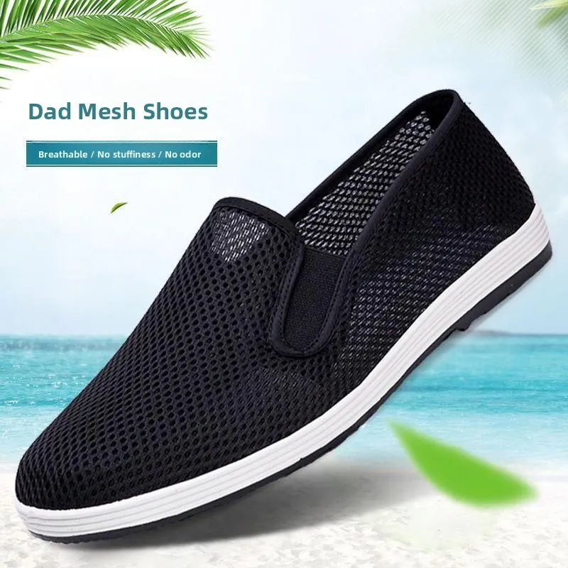 

Мужские тканевые туфли из Пекина: дышащие, сетчатые, без шнурков, для вождения, работы, повседневной носки, с многослойной подошвой, имитацией круглого носка, резиновые.