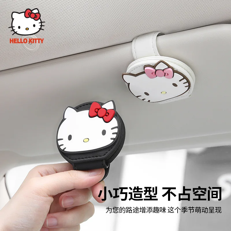 Kawaii Hello Kitty Cinnamoroll Leather Car Sun Visor Glasses Case Holder Anime Sunglasses Storage Clip Auto Interior Accessories