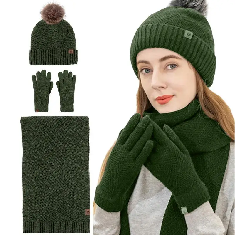 Winter Wool Beanie Hat Scarf Gloves Set For Women Beanie With Pom Long Scarf Neck Warmer Gloves