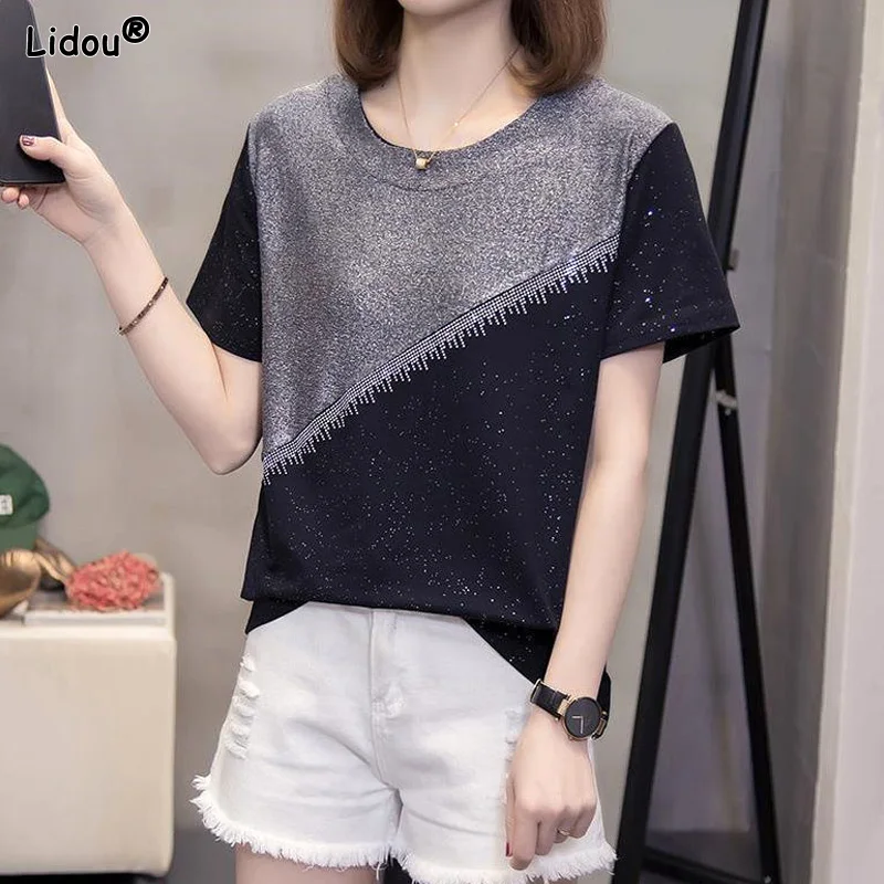 

Spring Summer Thin Patchwork Round Neck Short Sleeve Simplicity Pullovers Loose T-Shirts 2023 Women's Clothing Fashion Casual