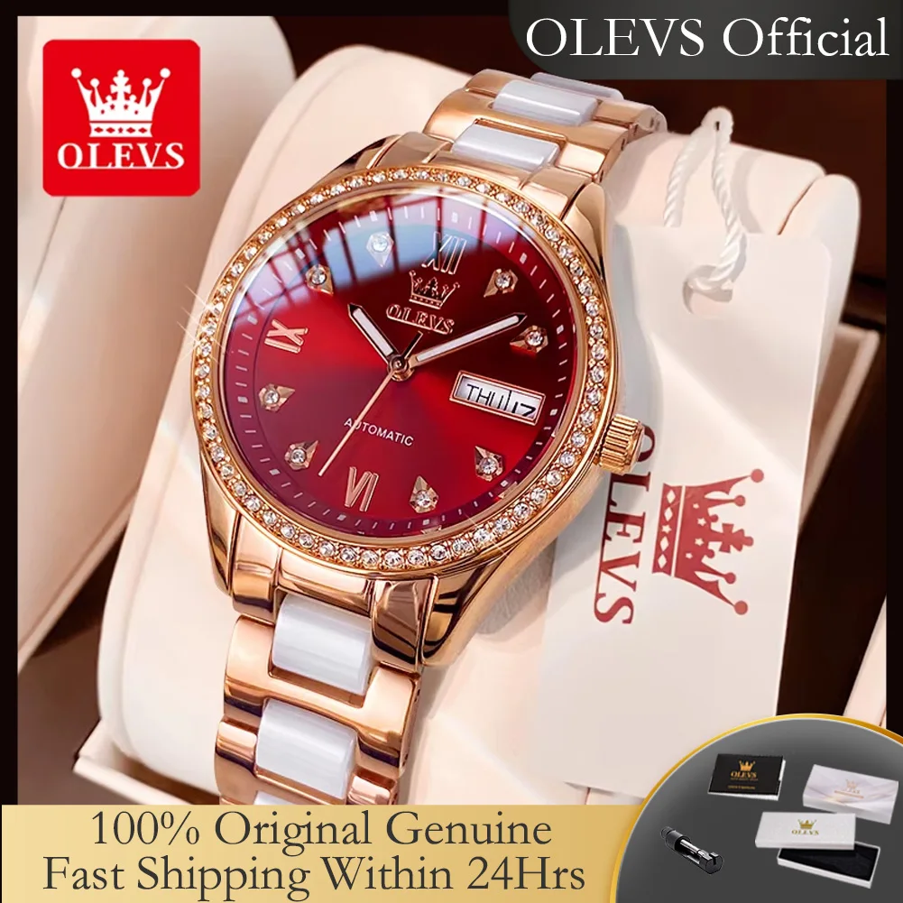 Image of Olevs 6637 Damen mechanische Uhren wasserdicht Auto Datum Woche Kalender Armbanduhr Top Original voll automatische Uhr für Frauen