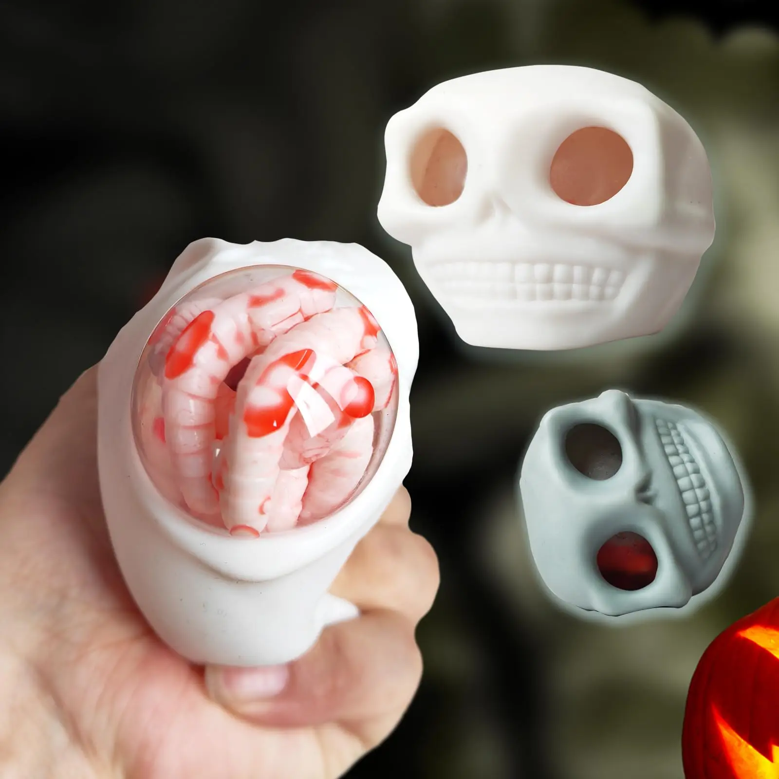Bolas antiestrés para Halloween, calavera para apretar con sangre y gusanos, broma de Halloween, regalo para apretar, decoración de calavera de terror para Halloween