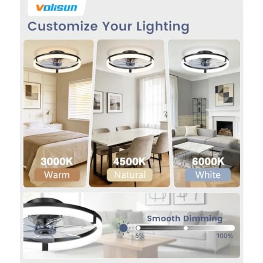 Low Profile Ceiling Fans with Lights and Remote 20in Flush Mount Ceiling Fans with Light 3000K-6500K Dimmable Fandelier Ceiling