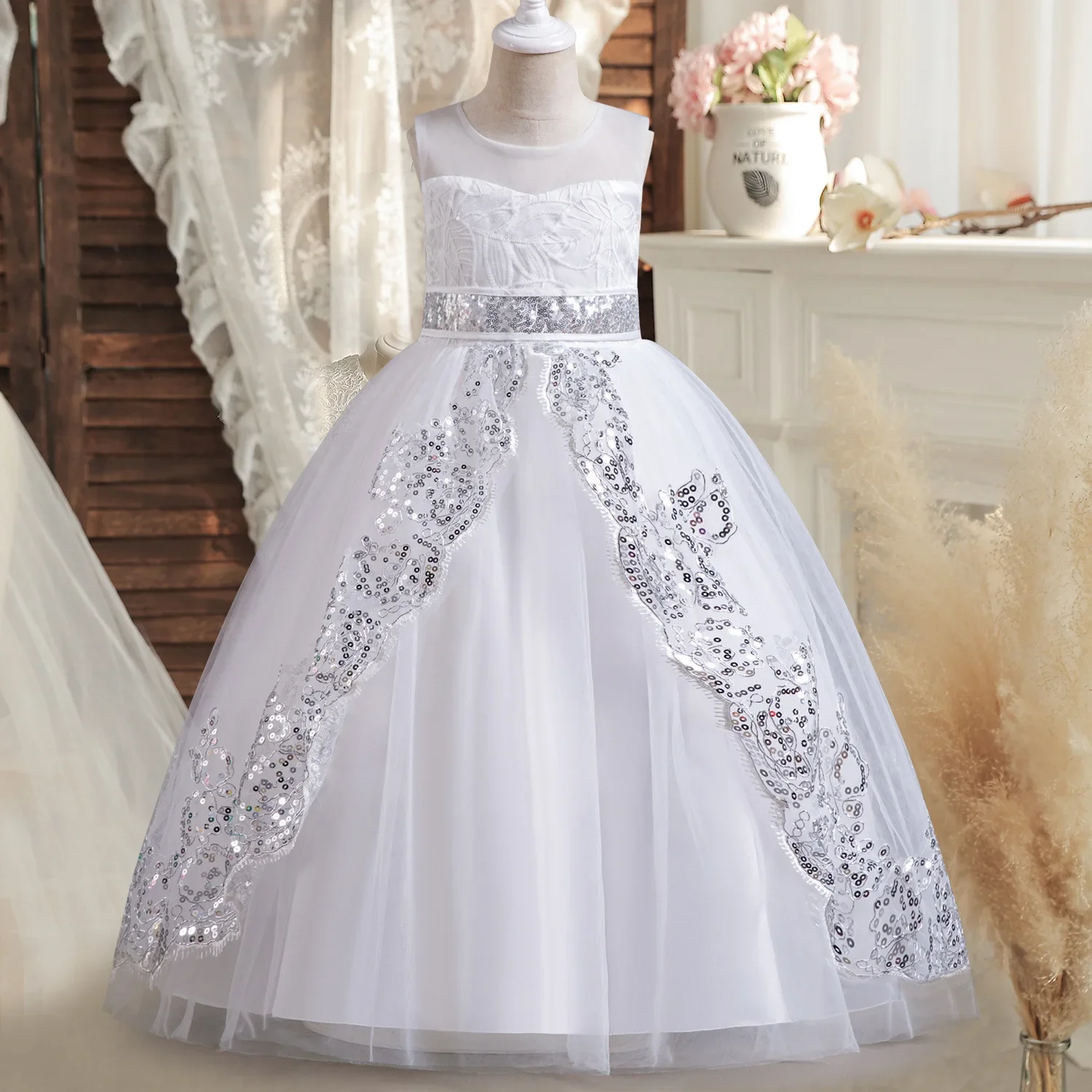 

Teen White Bridesmaid Dresses Kids Lace Flower Girl Wedding Party Dress Elegant Princess Dress For Girls Formal Evening Vestidos