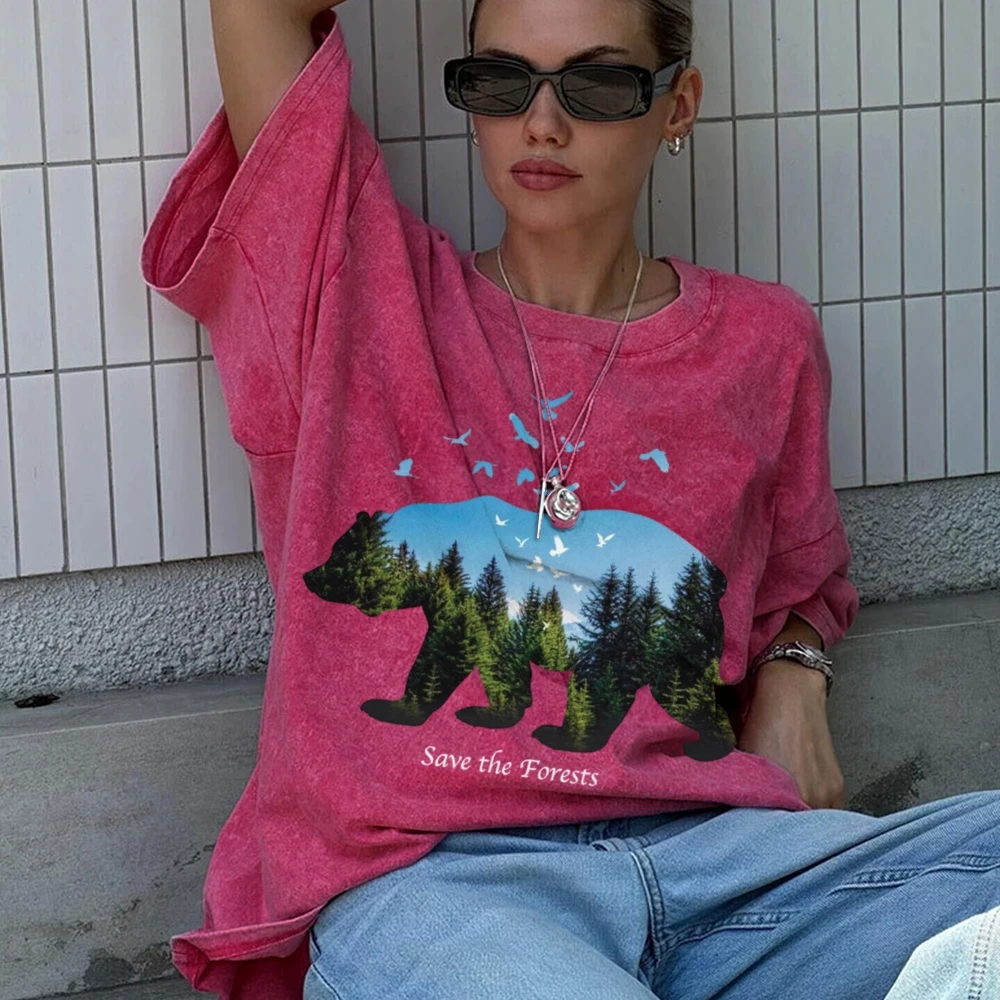 

Forest Bear Silhouette Print T-Shirt Retro Shoulder Down Washed Tee Shirts Men Women Round Neck Short Sleeves Blouse Tops