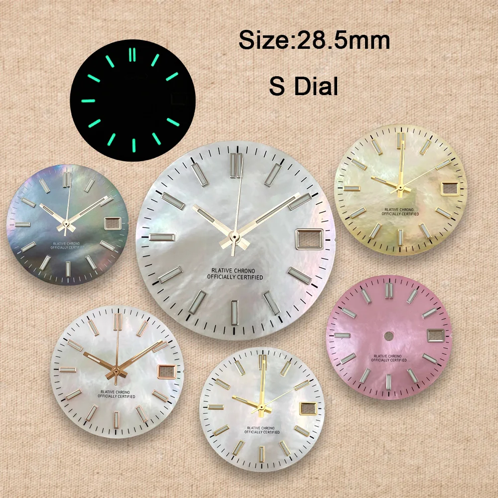 New 28.5mm S Logo NH35 Dial Logs Mother Pearl Dial Fit NH36 Movement Green Luminous Watch Modification Accessories Repair tools