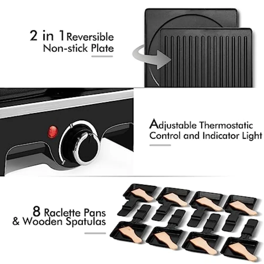 Griglia per raclette elettrica per interni per uso domestico con piastra di cottura antiaderente reversibile 2in1 Controllo della temperatura regolabile Perfetto