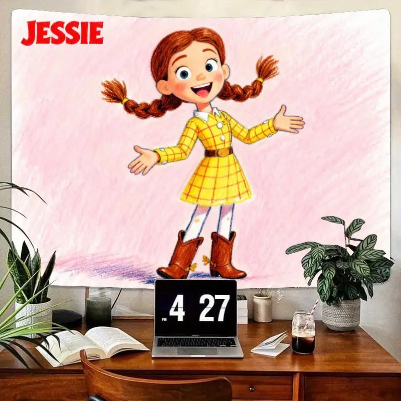 

1 шт. кавайный гобелен с изображением Джесси для девочек, розовое клетчатое платье, косы, современное настенное искусство из полиэстера для детей, декор для спальни, гостиной, Gif