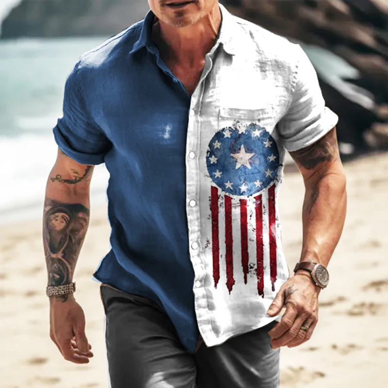 

Men Clothing Summer t Shirt 2023 Fashion Stitch Color Short Sleeve Tee For Man Casual Beach Single Breasted Lapel Shirt Top