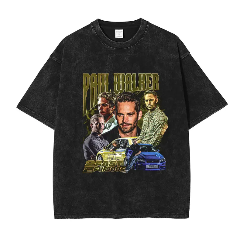 Paul Walker Print T-Shirt Actor Walker IV Fast & Furious Tops Tees Vintage Washed Short Sleeve Oversized T-shirt Streetwear Men