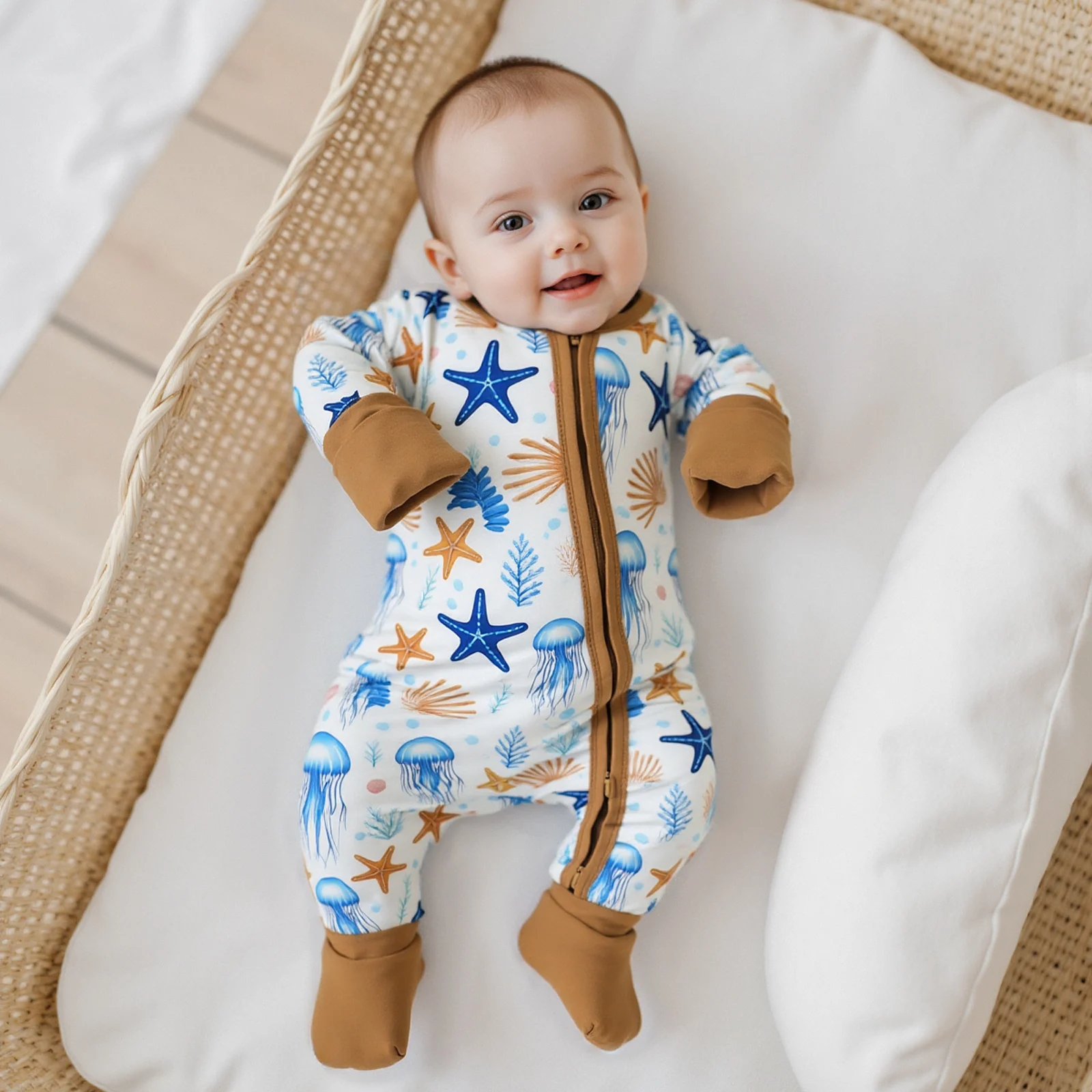 ملابس عيد الميلاد للأطفال الصبي رومبير نجم البحر طباعة كم طويل رقبة مستديرة كامل طول البريدي بذلة ملابس حديثي الولادة