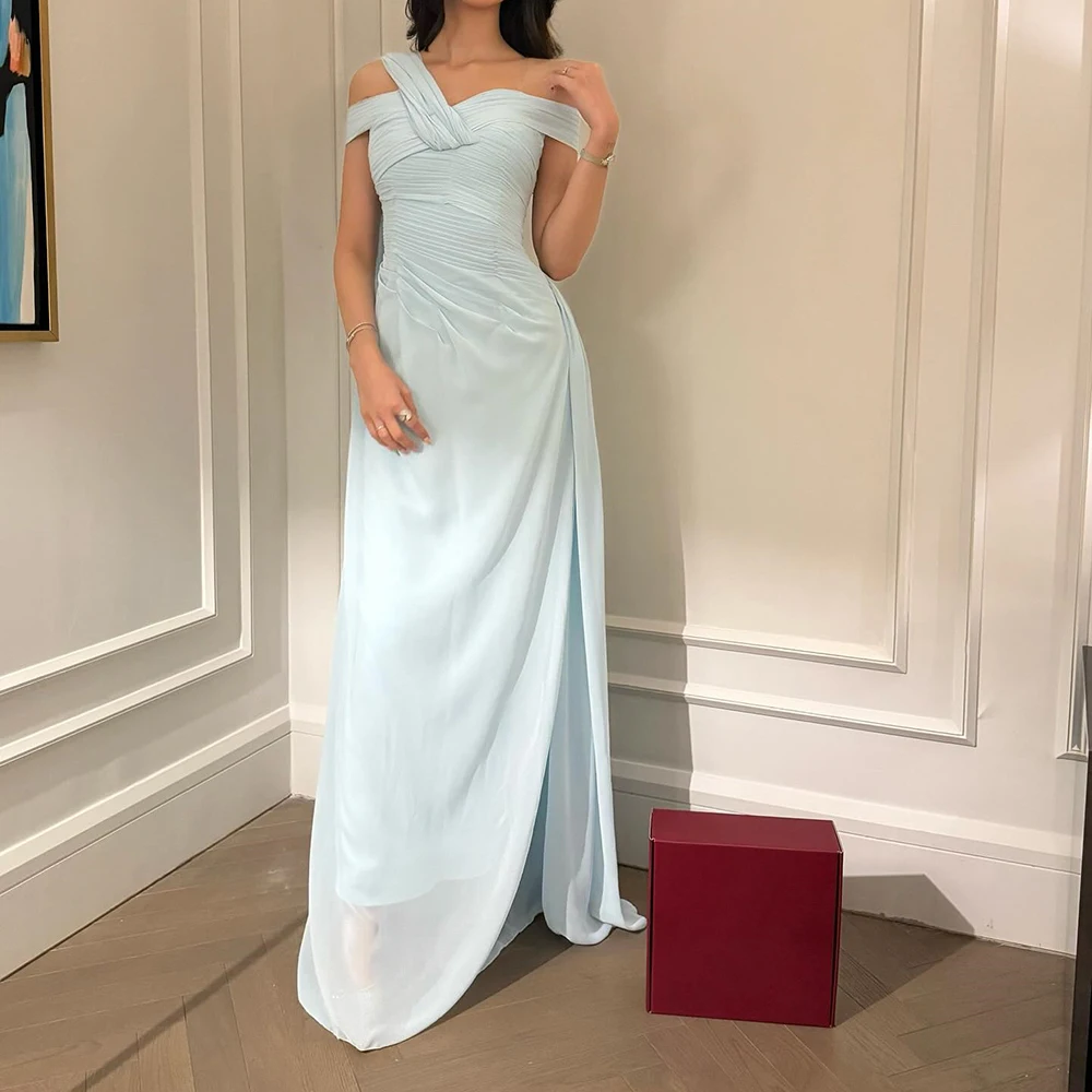 

Customized A-line Evening Dresses Floor-length One-shoulder Sleeveless Prom Gown Fashion Pleat Simple Draped Backless Party Gown