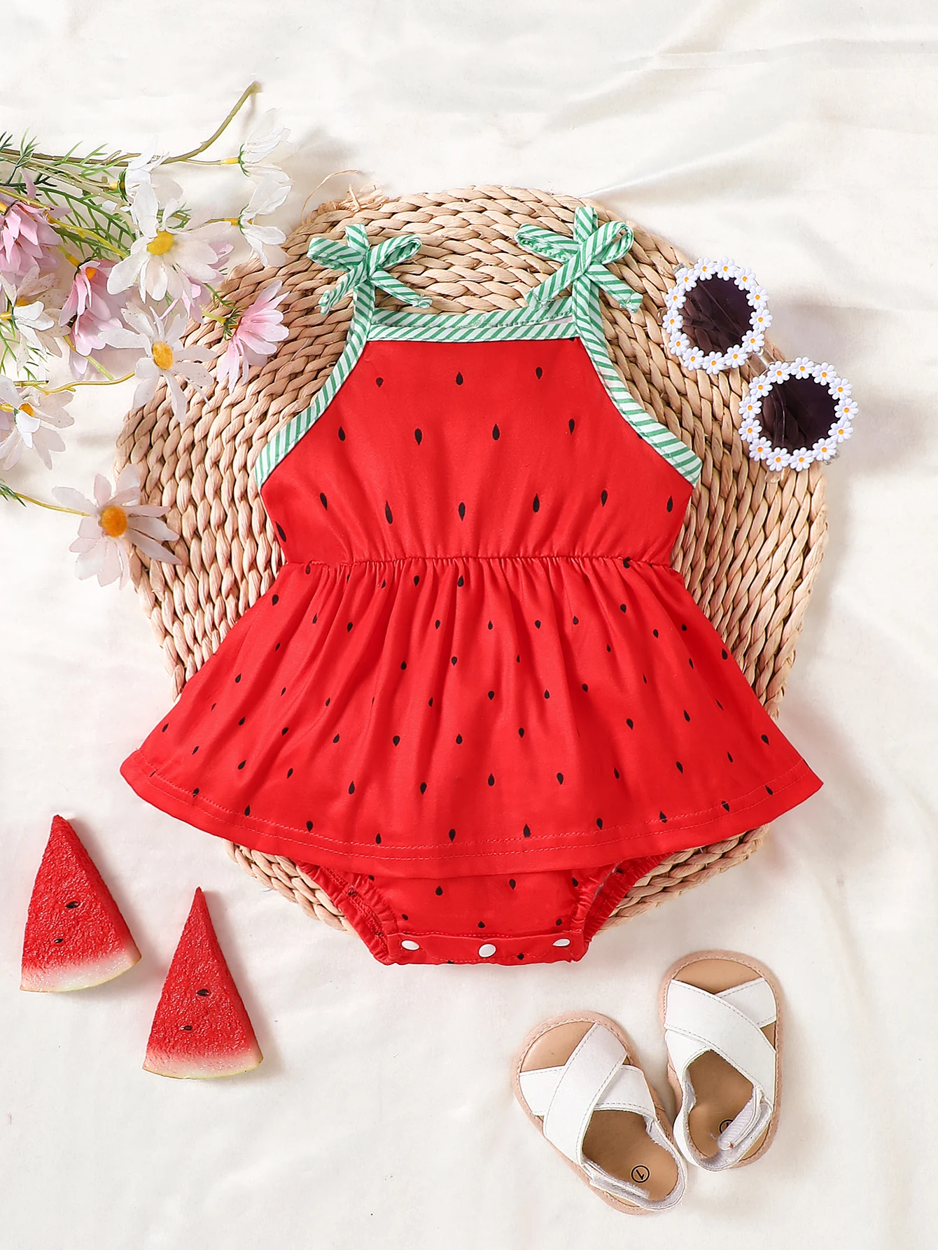 Baby girls summer big red watermelon cute sleeveless triangle onesie